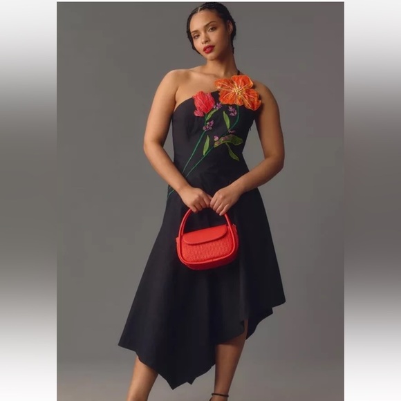 Anthropologie Yukiko Noritake Asymmetrical Floral Midi Dress Black Combo Orange - Picture 6 of 9